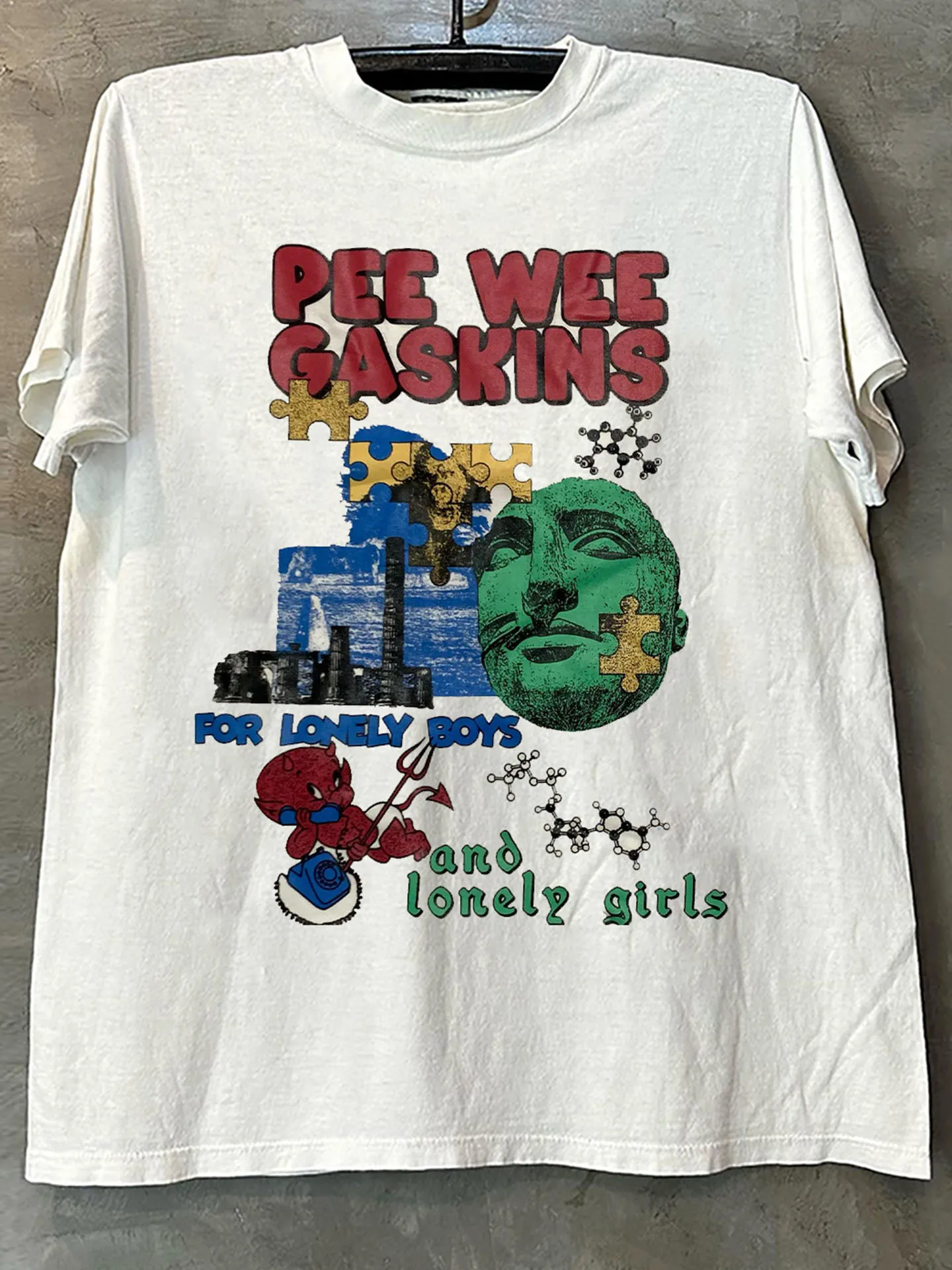Pee Wee Gaskins Oversize Patchwork Cartoon Short Sleeve T-Shirt Heavyweight Cotton Half Sleeve Trendy Design Breathable Print