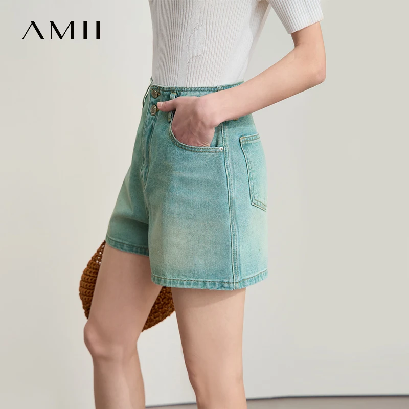 Amii กางเกงขาสั้นผู้หญิง Minimalist ฤดูร้อนใหม่อเนกประสงค์สไตล์ DENIM เข็มขัดฟรี Retro ล้างผ้าฝ้าย Casual DENIM กางเกงขาสั้น 12542225