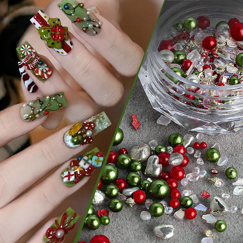 Christmas Colorful Pearl Nail Art Decorations Red Green Auroras Glass Flakes Nail Art Resins Charms Metal Fragment DIY Manicure