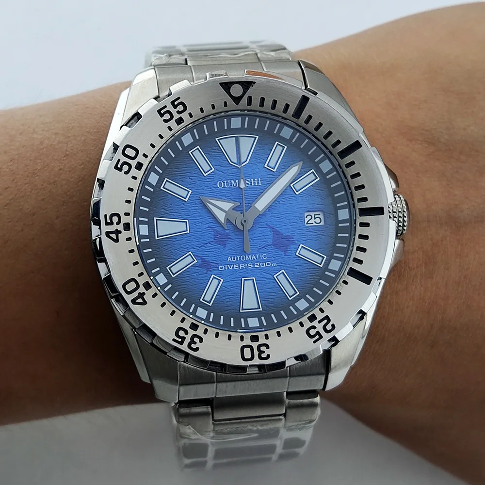 44mm oumashi Luminous 200M Diving Watches AR Sapphire Crystal Monster Blue Dial Wristwatches Steel NH35 NH36Mens Automatic Watch