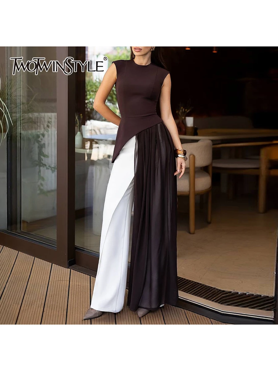 TWOTWINSTYLE Solid Slimming Spliced Folds Irregular Blouses for Women Round Neck Sleevelless High Waist Long Blouse Female New