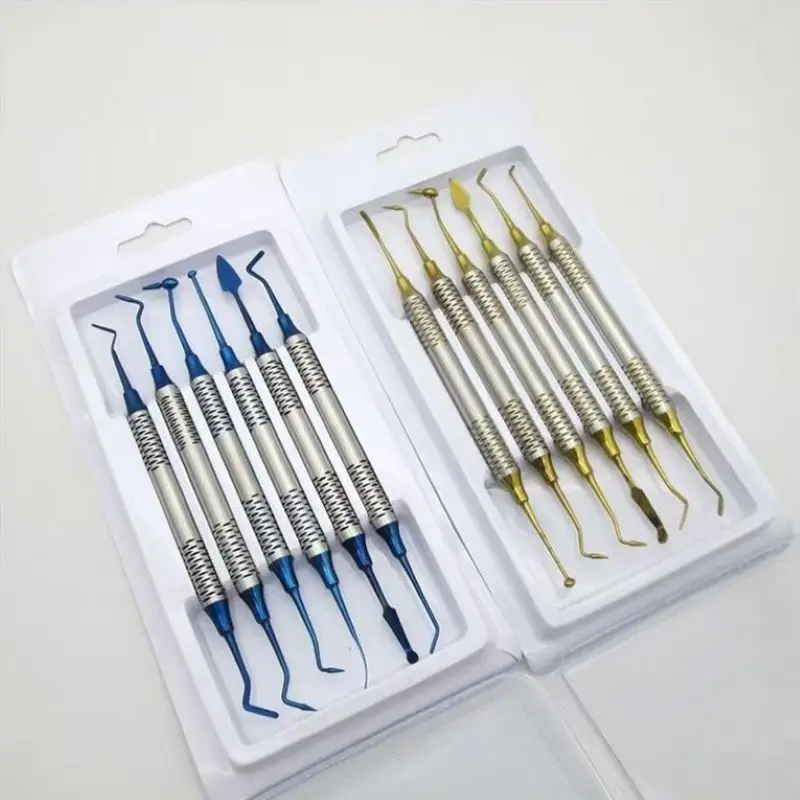 6Pcs/Set Dental Resin Filling Spatula Kit Blue Gold Titanium Coated Aesthetic Restoration Carver Double Ended Dentistry Kit 1Set