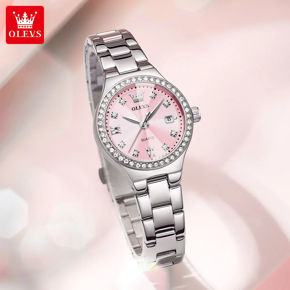 OLEVS 5628 Original Quartz Watches for Women Solid Steel Strap Diamond Bezel Auto Date Waterproof Elegant Ladies Dress Watches