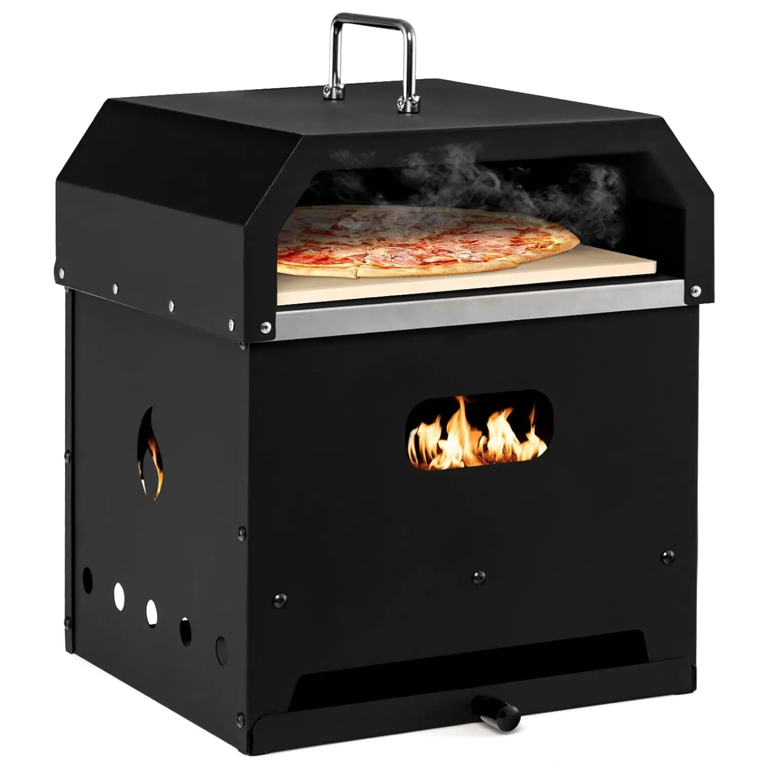 Outdoor Wood-fuel Pizza Oven with 2-layer and Detachable External Oven with Pizza, Crust, Lid, and Grill
