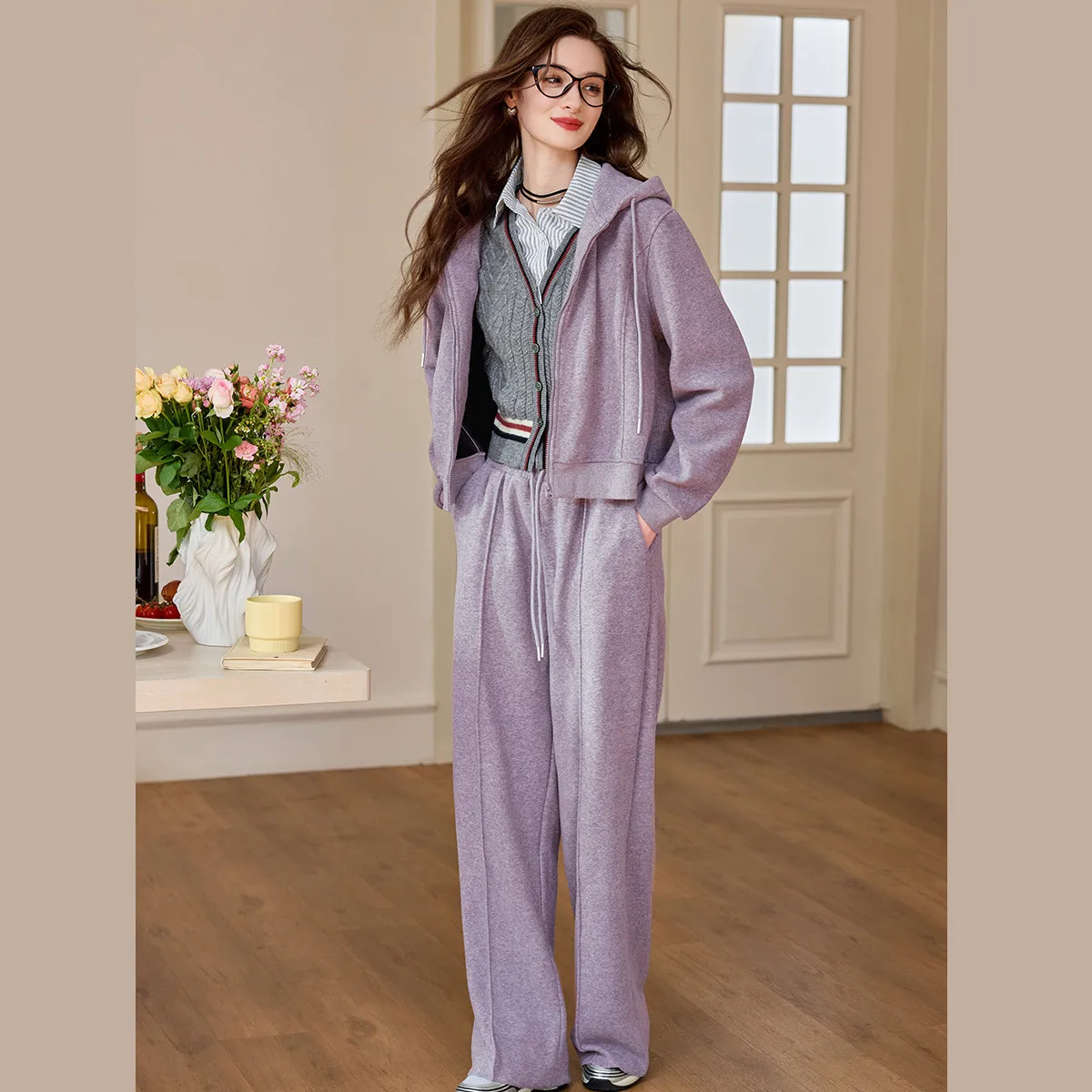LOUISYAO Fleece-Lined Thickened Women's Sets 2025 Autumn Winter Two-Piece Set Casual Hooded Cardigan and Straight-Leg Pants