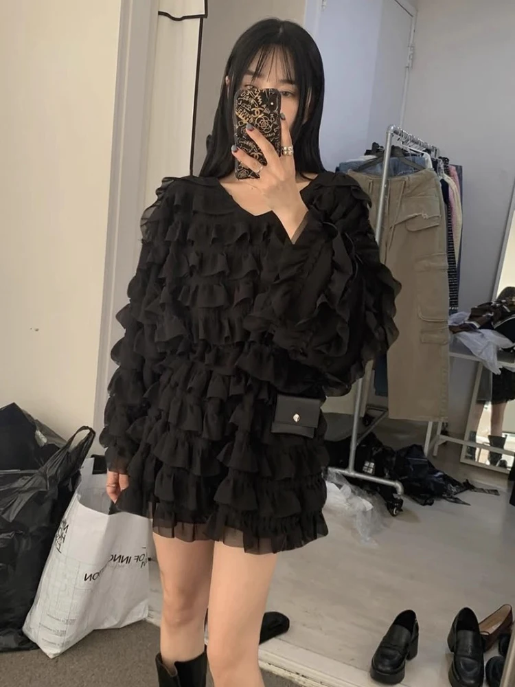 

Chic Korean Sle Lace irt Women's Loose Long Sve Ele Splicing Hem Layering Sweet Casual Top for Autumn New Arrival