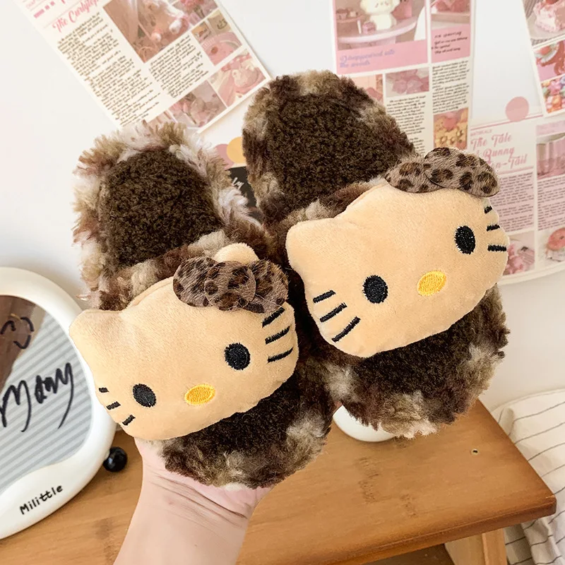 

Kawaii HelloKitty, милые пушистые тапочки с леопардовым принтом, женские осенне-зимние домашние нескользящие хлопковые тапочки, подарки
