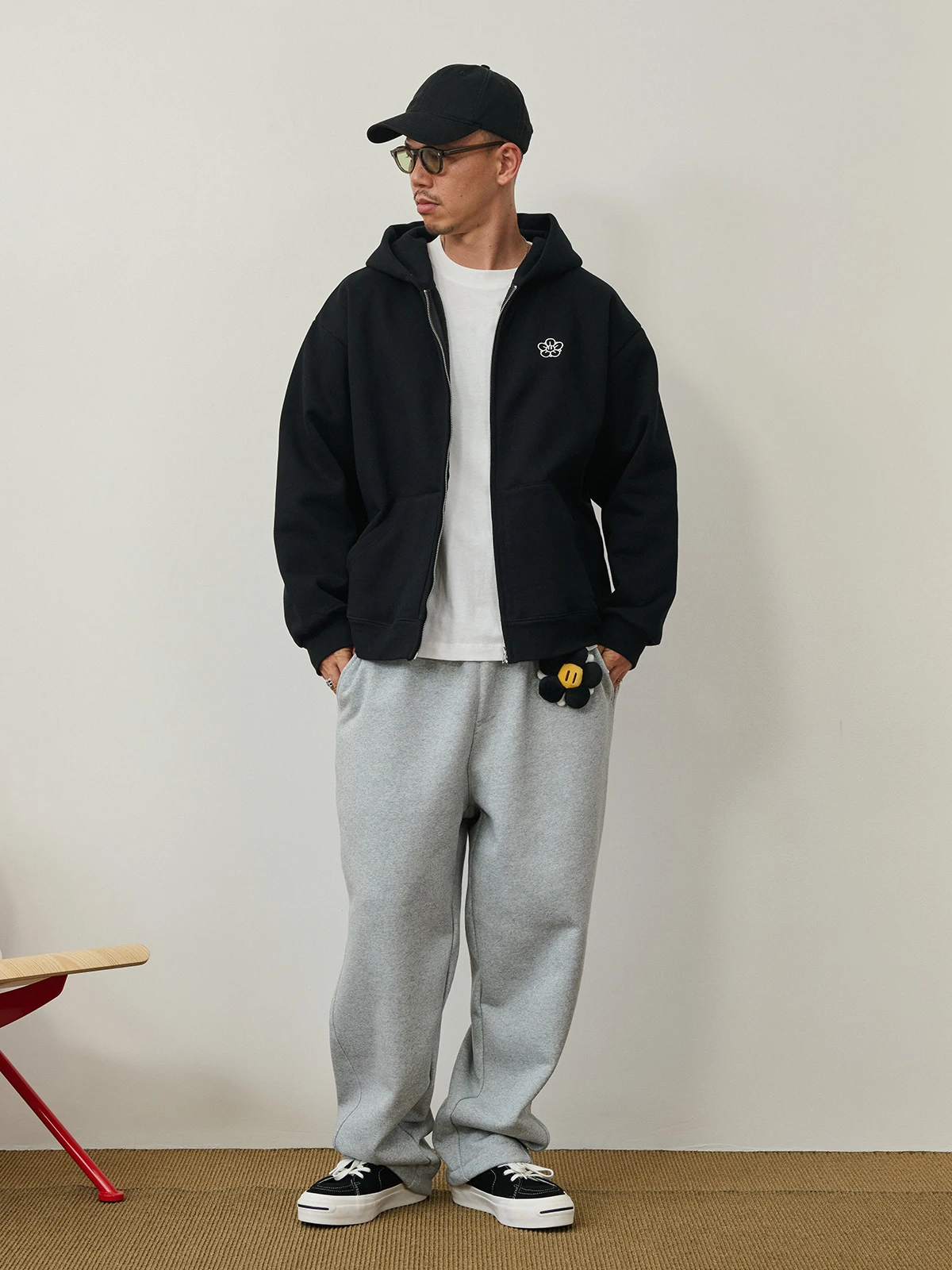 Broshood X JoeNg Whonose Collaborative Hooded Zipper Sweatshirt Embroidered Fleece Lined Diagonal Pattern Unisex Casual Wear