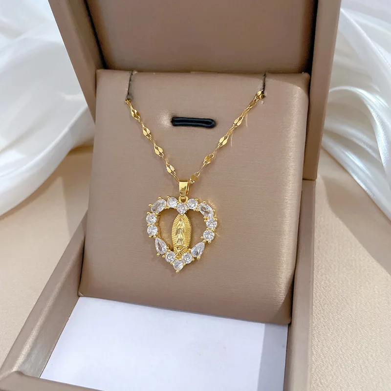 Stainless Steel Chain Religious Zircon Heart Virgin Mary Pendant Necklace for Women Lady Classic Jewelry Accessories Gifts