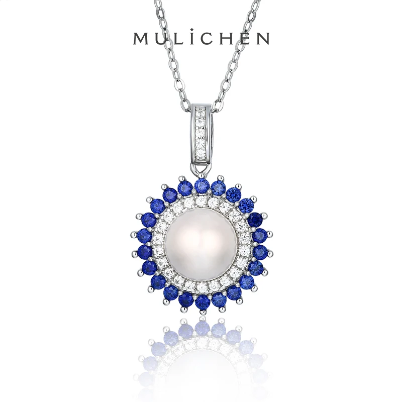 

MULICHEN Retro 8mm Pearl Pendant Blue Sapphire Zirconia Necklace For Women Diamond Anniversary Wedding Party Jewelry Set