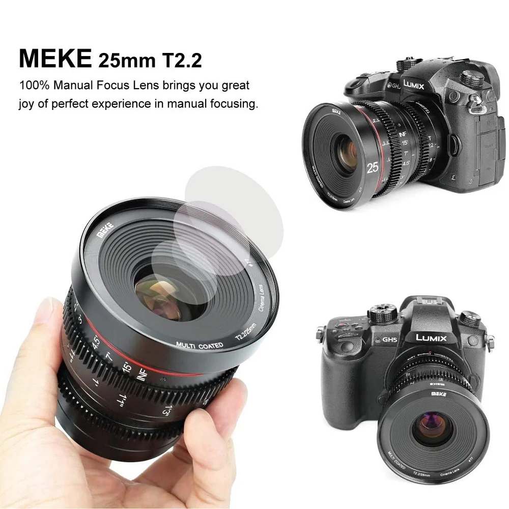 Meike 25mm T 2,2 Manueller Fokus Prime Cine Objektiv für Olympus Panasonic Lumix Micro Four Thirds MFT M4/3 montieren BMPCC 4K