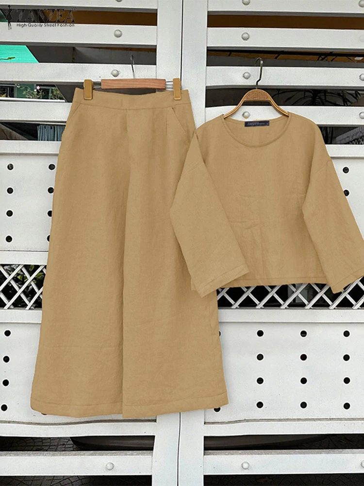 

ZANZEA Fashion 2PCS Long Sleeve Blouse Trousers Suits Spring Autumn Outfits Women Solid Two Pieces Sets Elegant Work Tracksuits