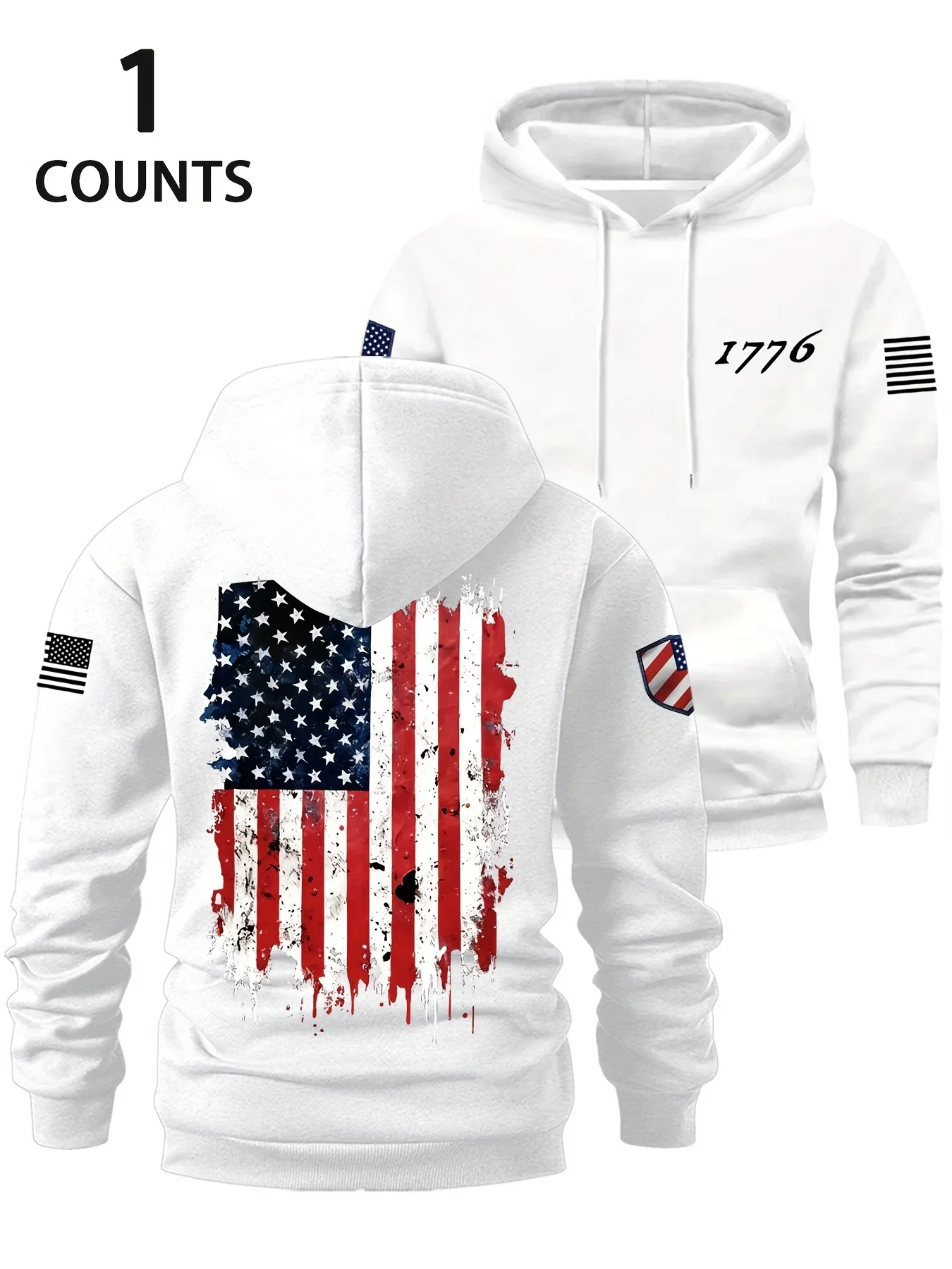 Men USA 1776 Hoodie Distressed American Flag Vintage Graphic Print Loose Fit Retro Streetwear Pullover Sweatshirt Autumn Winter