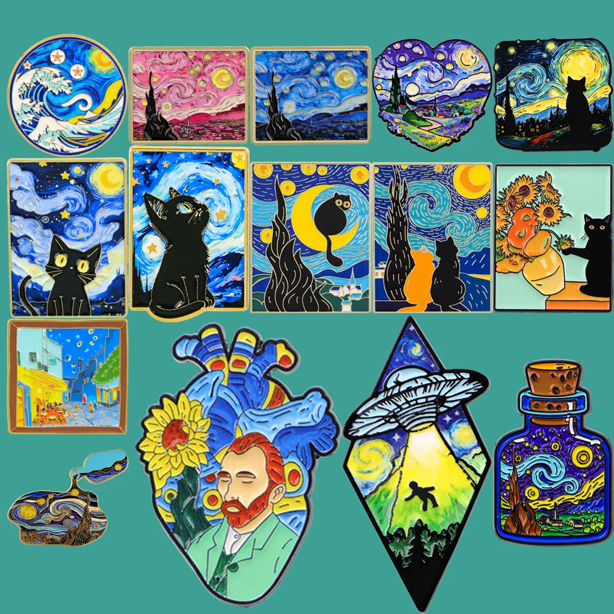 Van Gogh Kunstmalerei-Serie Emaille-Pin Himmel Anstecknadel Rucksack-Pins Schwarze Katze Abzeichen Brosche für Kleidung Schmuck Geschenke für Freunde