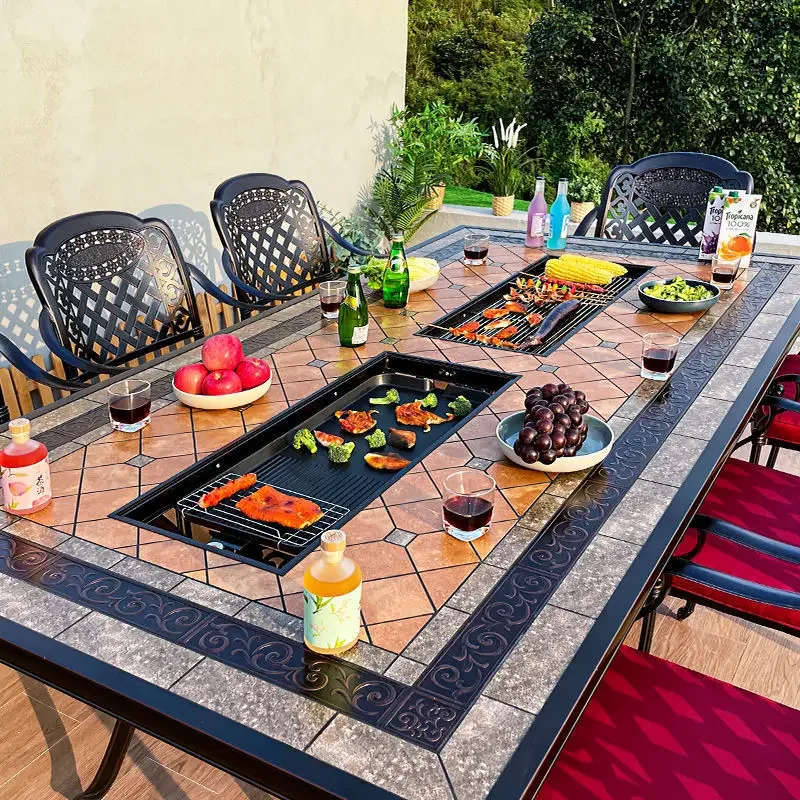 Outdoor cast aluminum barbecue dining table, courtyard balcony, hotel leisure, outdoor electric grill,