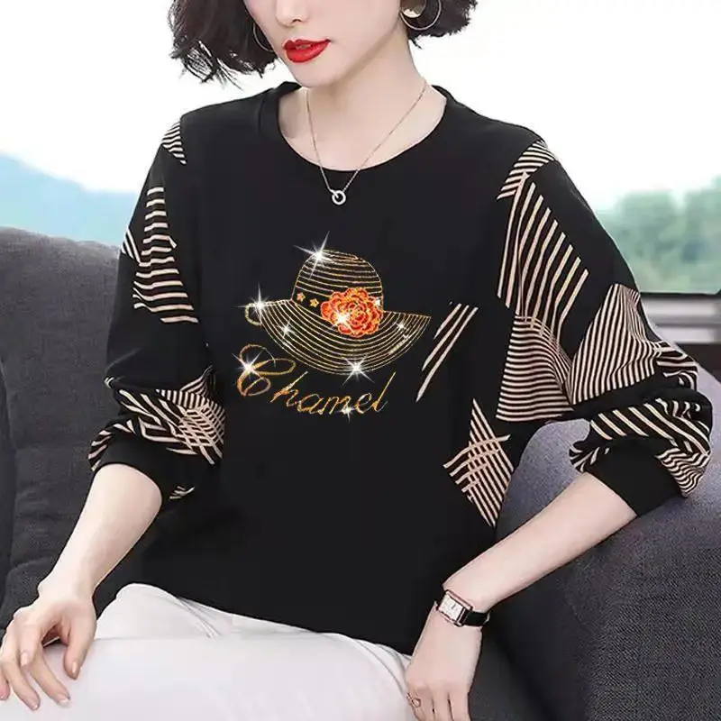 Women's O-Neck Long Sleeve Oversized Pullovers, Elegant Fashion, Diamonds, Batwing Sleeve, Women's Clothing T-Shirt, Spring,