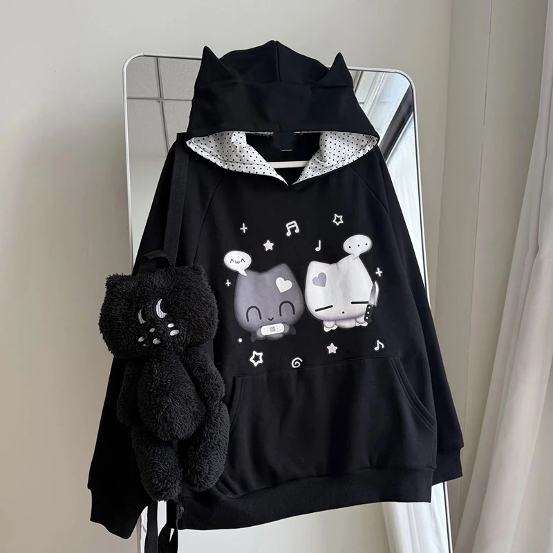 Women Black Polka Dot Anime Sweatshirt Long Sleeve Cartoon Print Thick Hoodie Harajuku Subculture Cute Sweet Japan Preppy Top