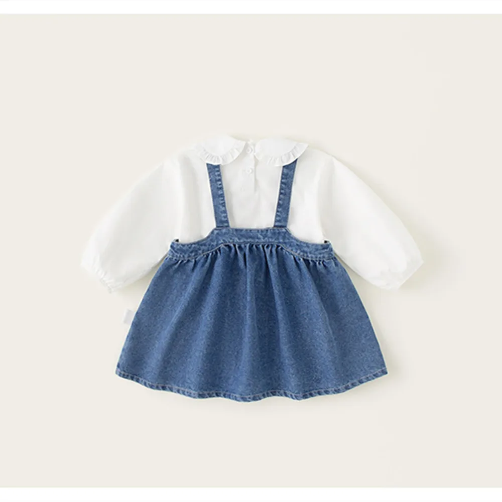 Girl's Two-Piece Set baby girl clothes kids 2pcs set Doll collar cartoon embroidered shirt+denim camisole dress
