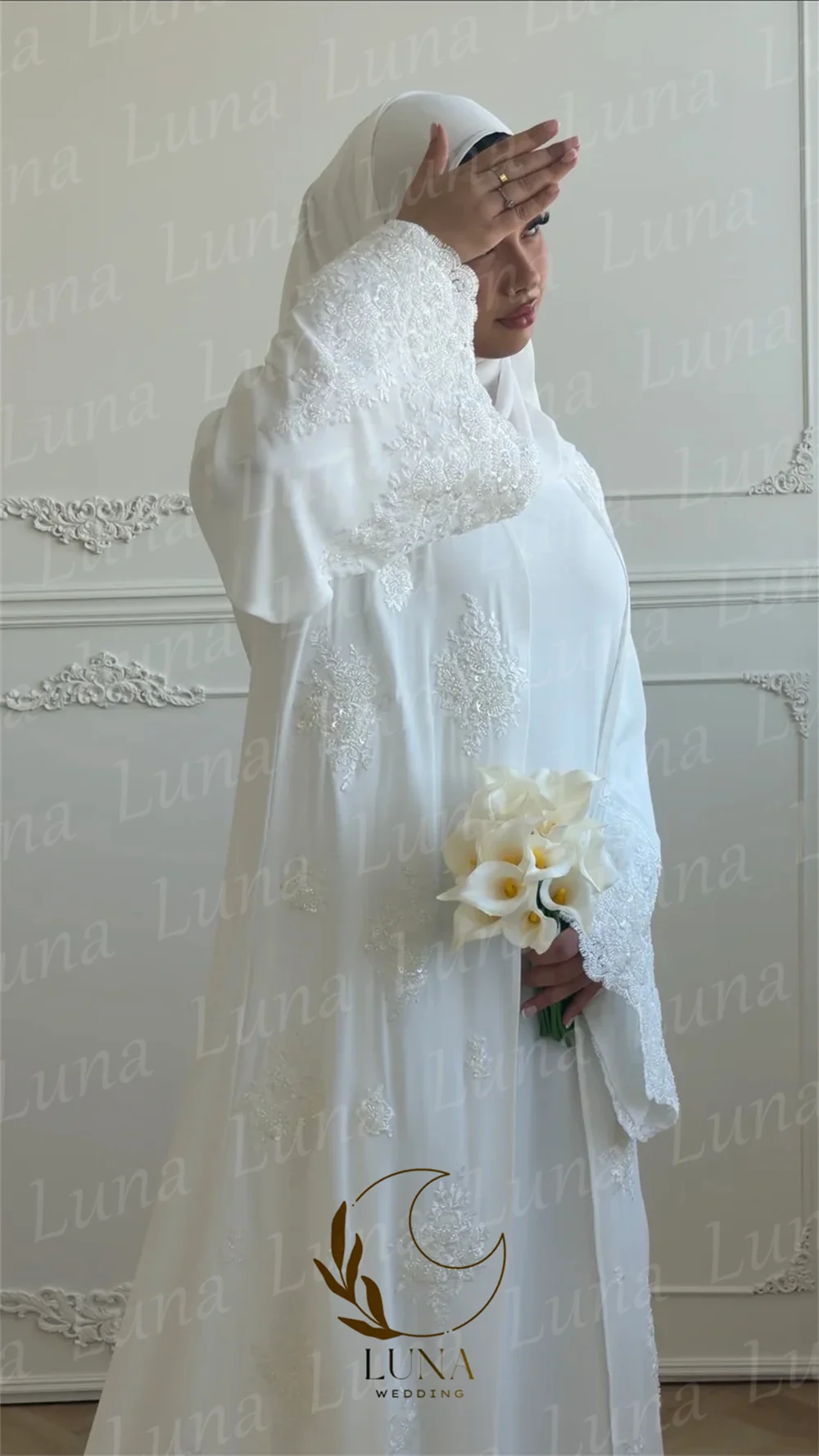 Luna Luxury Lace Appliques Shawl Muslim Wedding Dresses A Line Formal Long Sleeve Bride Gowns Elegant Customized Robe De Mariée