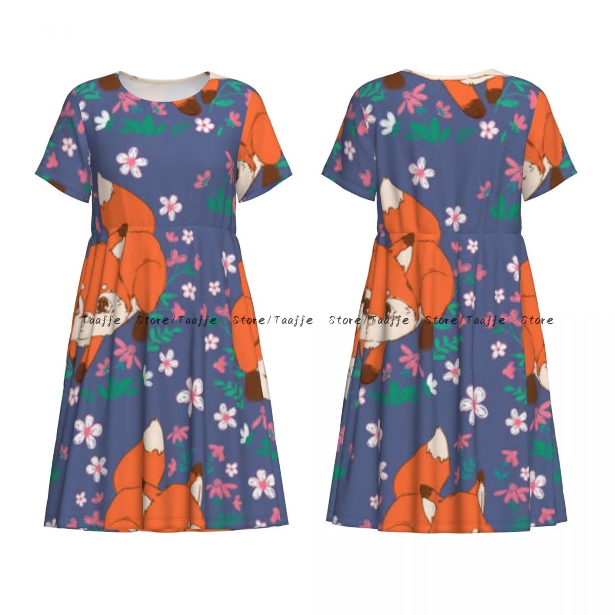 Elegantes Damenkleid mit niedlichem Fuchs- und Blumenmuster, Umlegekragen, kurze Ärmel, körperformend, Straßenrobe