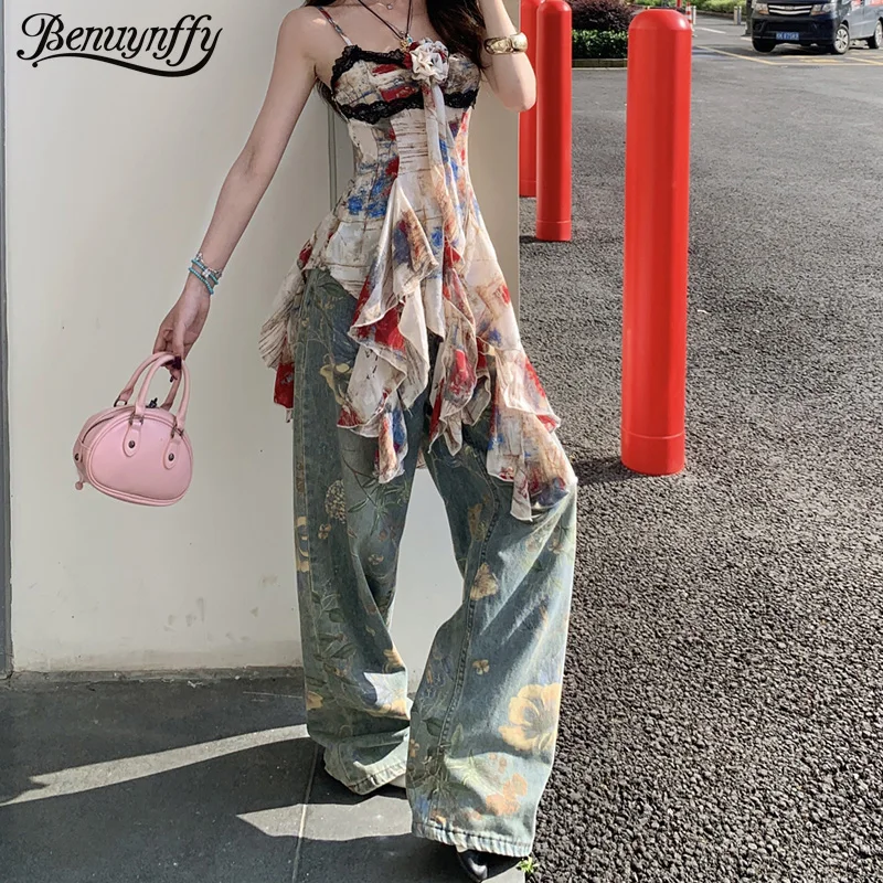 

Benuynffy Ретро Свободные широкие джинсы с цветочным принтом Женская мода Y2K Уличная одежда с высокой талией Harajuku Повседневные мешковатые джинсовые брюки