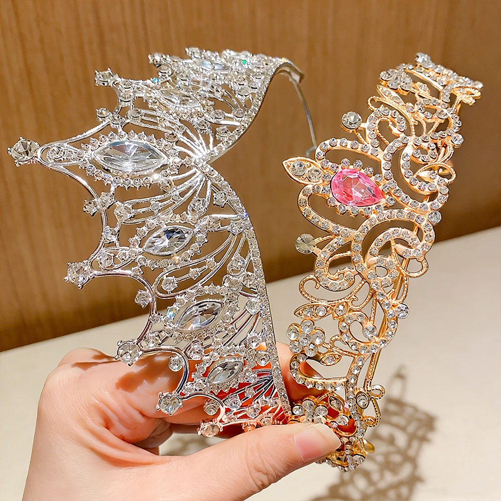 2pcs Luxury Diamond Double Crown Set Gold Silver Dual Color Hair Crown Banquet Bridal Headwear Ball Princess Style Accessories