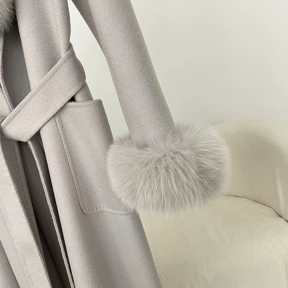 2024 Long Fur Coat Ladies Wool Coat Woolen Natural Real Fox Fur Collar Winter Jacket Women Belt Warm Outerwear Streetwear