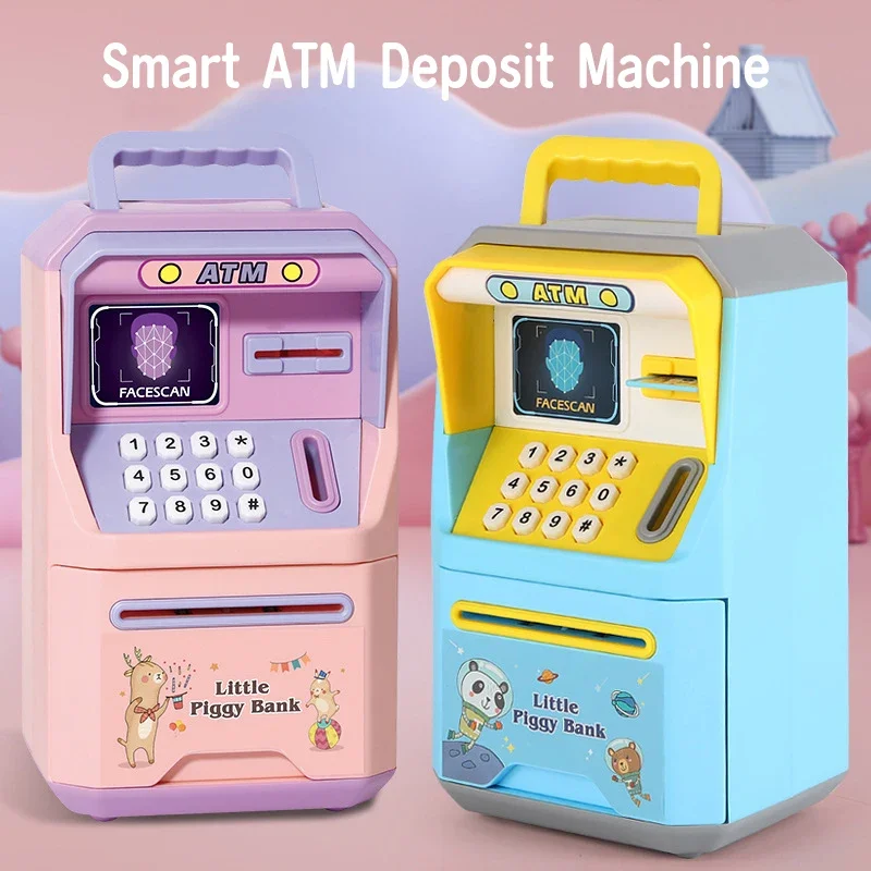 Leuke Cartoon ATM Machine Spaarpot met Gezicht Ontgrendelen Vingerafdruk Kluis Educatieve Muziek Muntautomaat voor Kinderen Leuk Leren