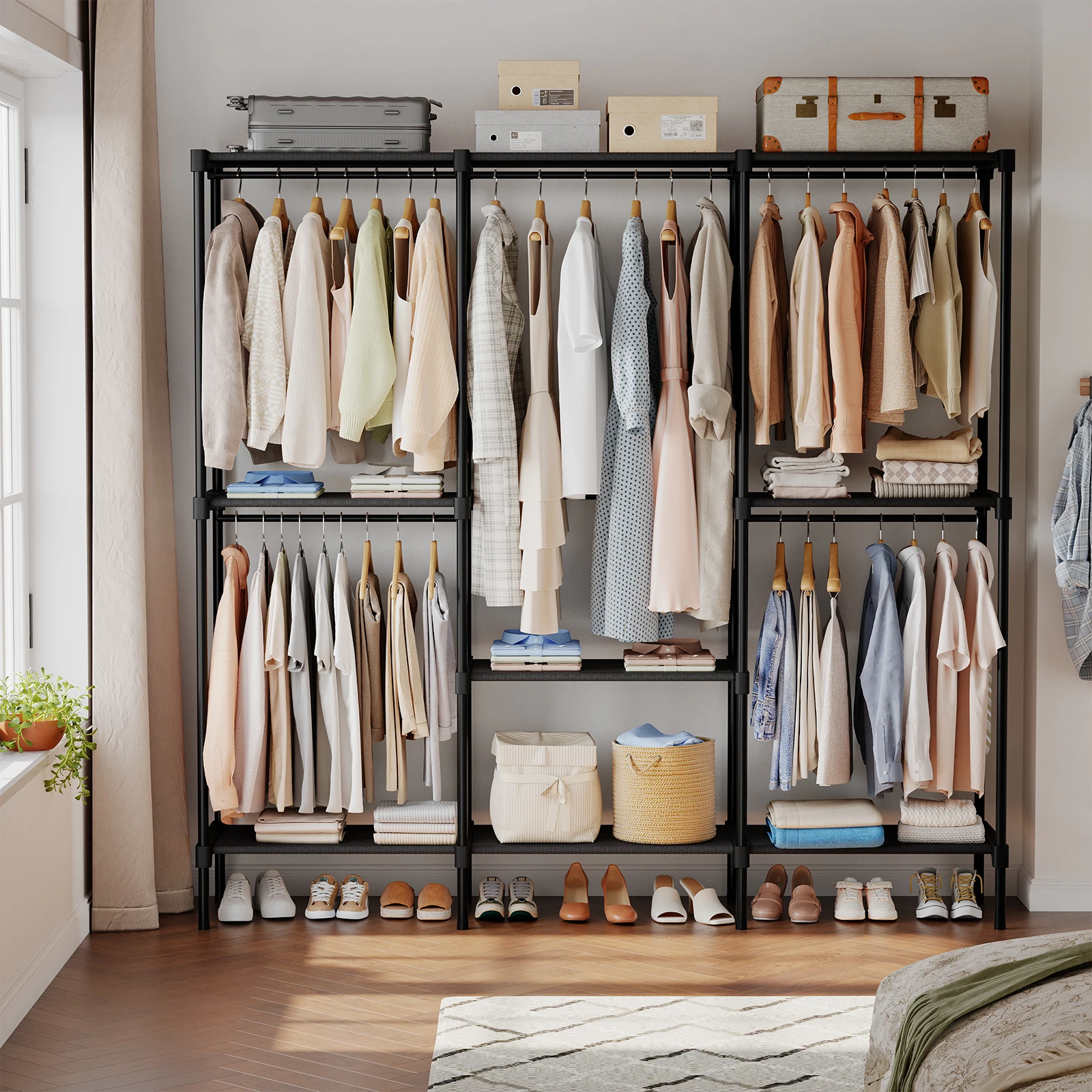JHK 72IN to 81IN Portable Three Rows Wardrobe Closet with Hanging Rods Clothing Rack with Shelves Mudroom Storage Organizer