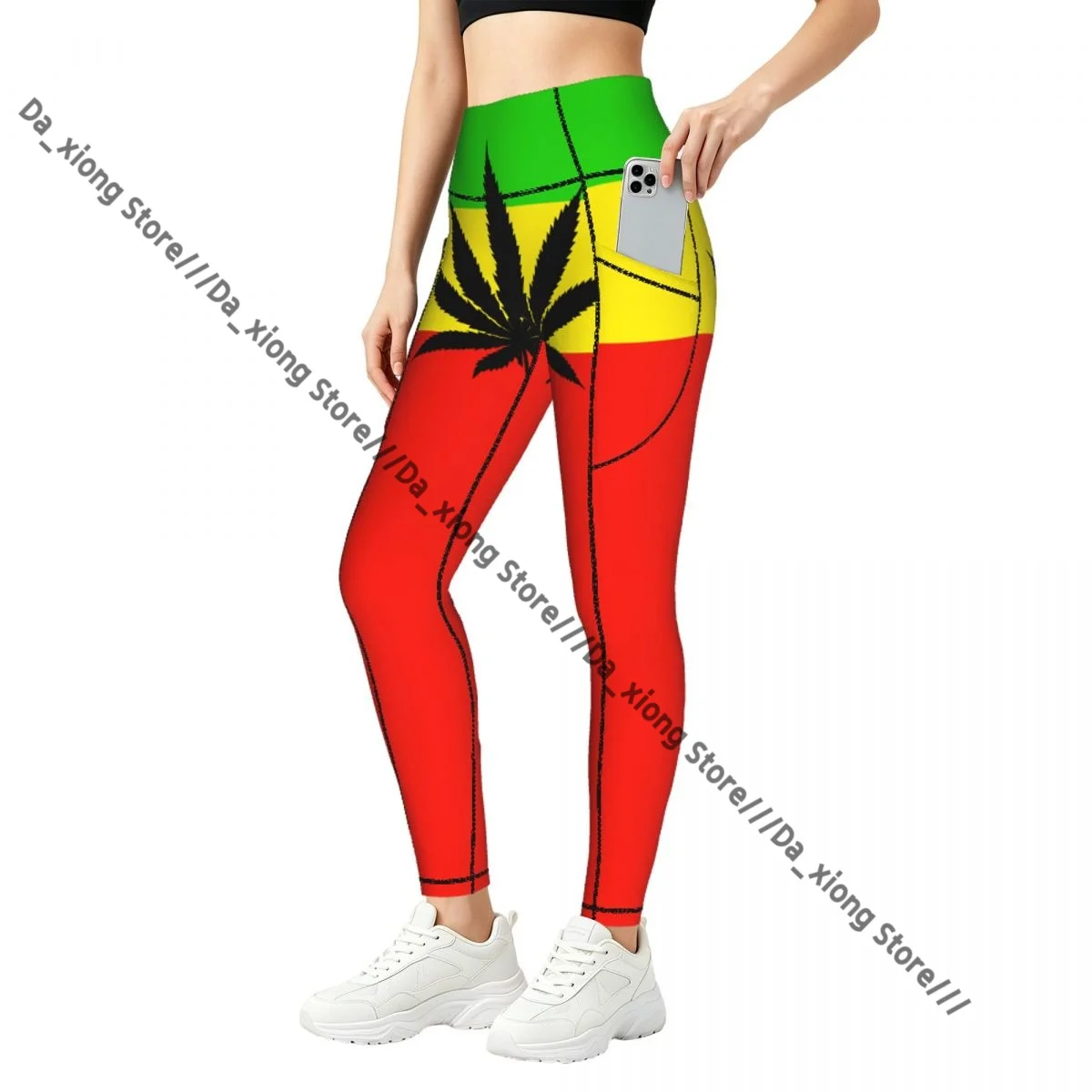 Casual Ladies Yoga Leggings Rasta Flag With Leaf High Waist Outdoor Jogging Pants