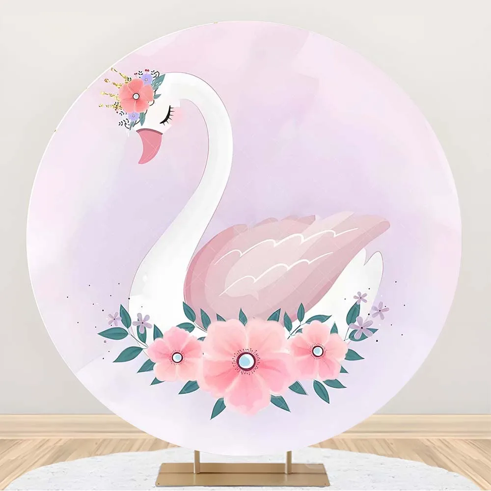 Pano de fundo redondo para crianças, cartaz personalizado, fundo de decoração, balé bonito, cisne branco, branco, rosa, presente de festa de aniversário, quarto, menina