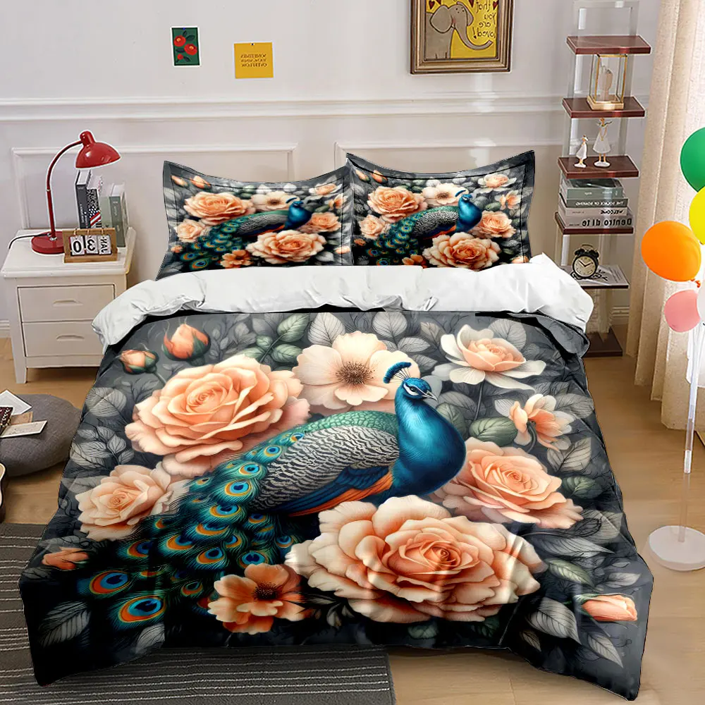 

Elegant Peacock with Blooming Roses Print Bedding Set 1 Duvet Cover 2 Pillowcases for Adult and Children Luxury Gift Full Size