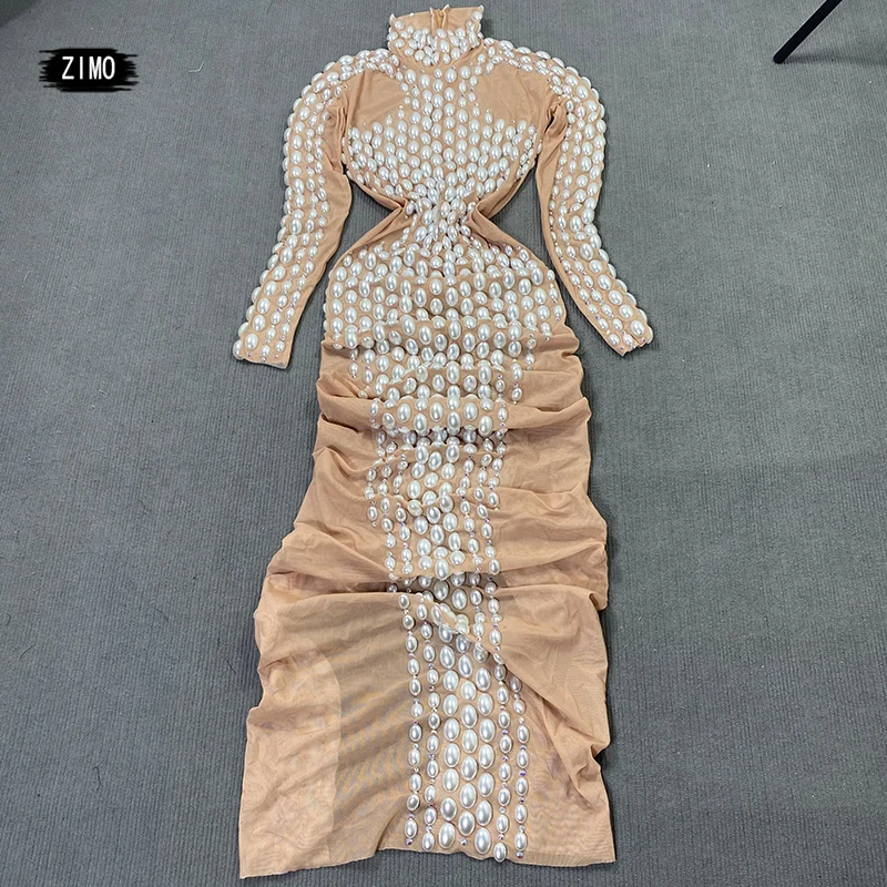 Robe longue en maille sexy avec grandes perles pour femme, tenue de luxe pour fête de mariage, anniversaire, discothèque, séparés euse, GelSinger, célébrité, festival