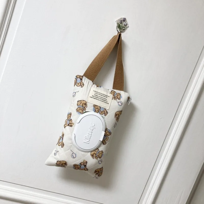 Korean Quilted Tissue Pouch Bear Car Organizer Balloon Wipes Case Ins Style Hanging Dispenser Stroller Travel Wet Wipe Holder view 3