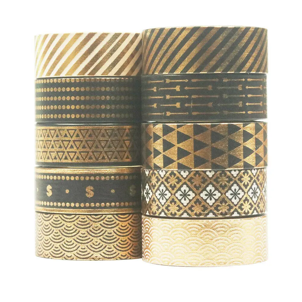 Leading-10 Rolls Black Gold Foil Washi Tape Set Paper Scrapbooking Adhesive Masking DIY