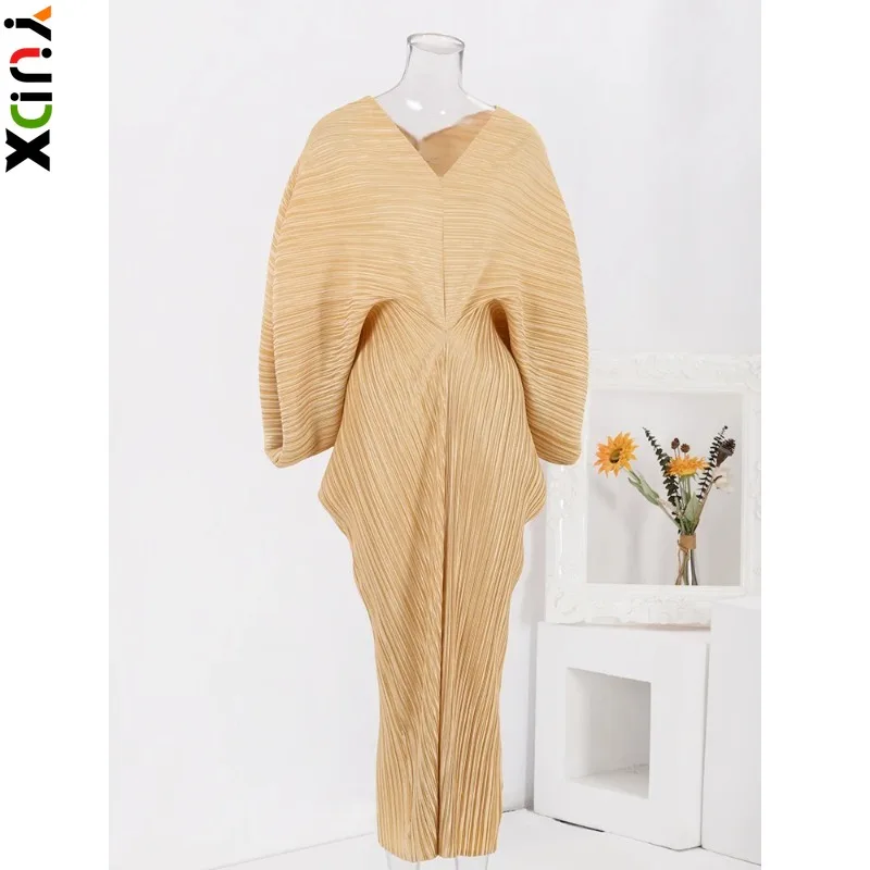 

YUDX Miyake Elegant Pleated Long Dress Women V Neck Solid Color Batwing Sleeves Fashion Party Dresses 2024 Spring New