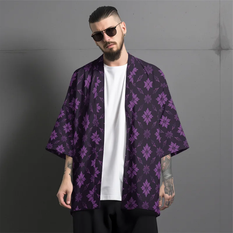 purple Japanese traditional clothing men women casual loose kimono Geometric leaf printed summer beach haori
