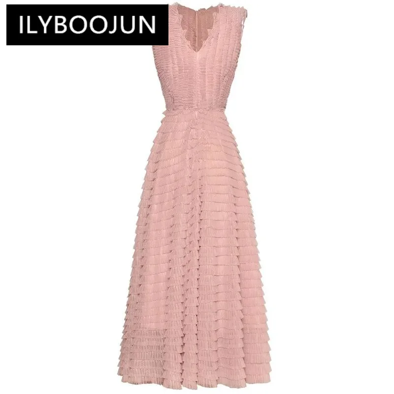 

ILYBOOJUN New Fashion Women's 2024 Spring/Summer New V-Neck Sleeveless Pleated Mesh Ball Gown Dress High-Waisted Long Dress