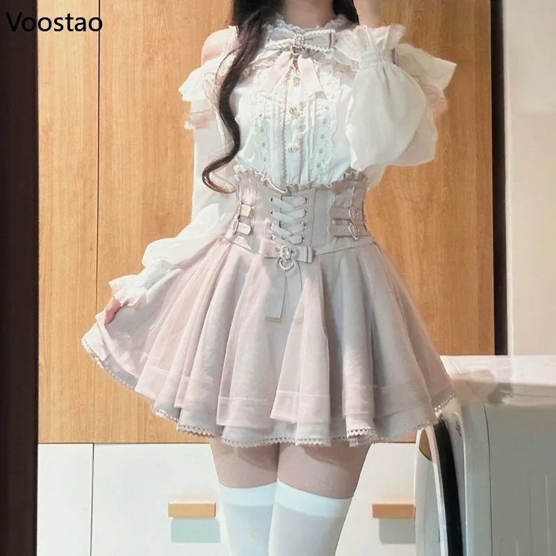 اليابانية Kawaii لوليتا نمط تنورة صغيرة مجموعات النساء الحلو الكشكشة قبالة الكتف القوس قميص التنانير القصيرة Y2k الجمالية لطيف مجموعة كاملة