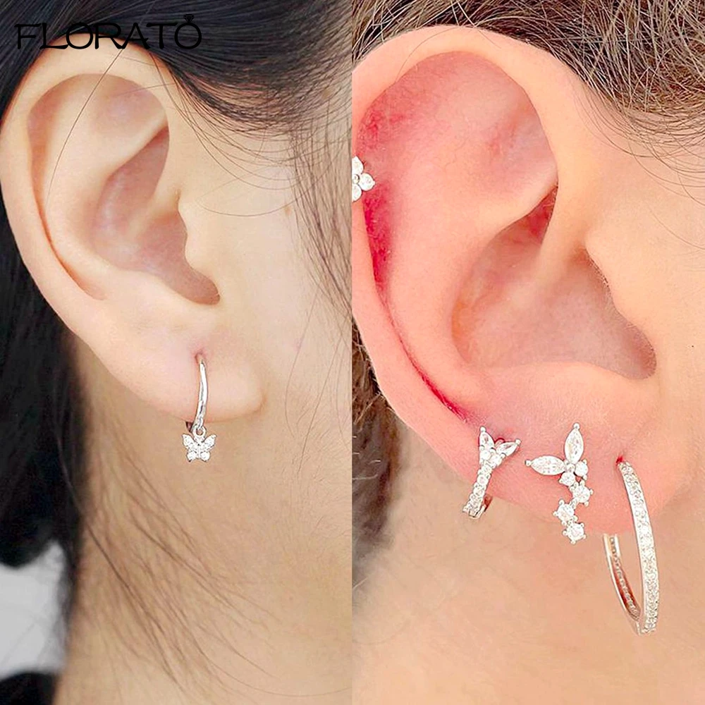 925 Sterling Silver Ear Needle Cute Crystal Butterfly Pendant Hoop Earrings for Women Colorful Flower Earrings Fashion Jewelry