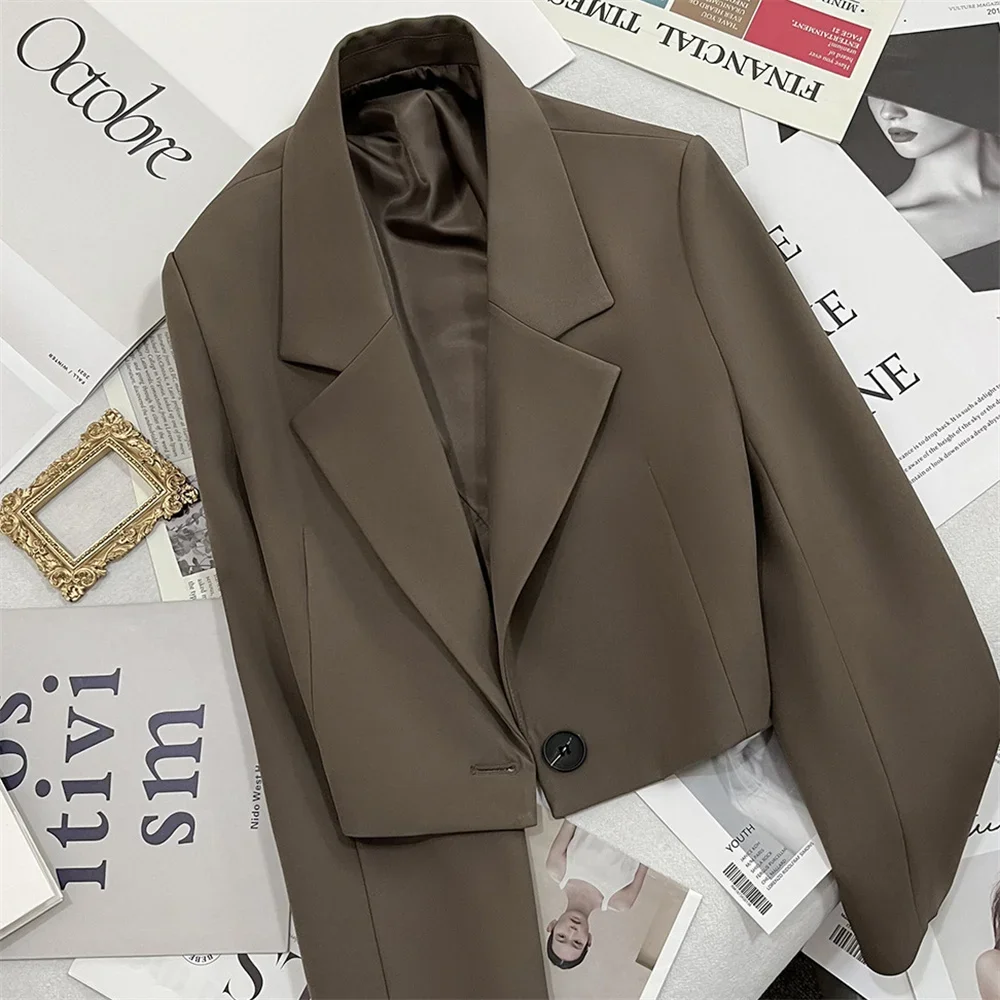 الموضة الكورية 2025 الصيف زر واحد اقتصاص السترة المرأة سترة قصيرة مكتب سيدة عادية أسود بيج سترة