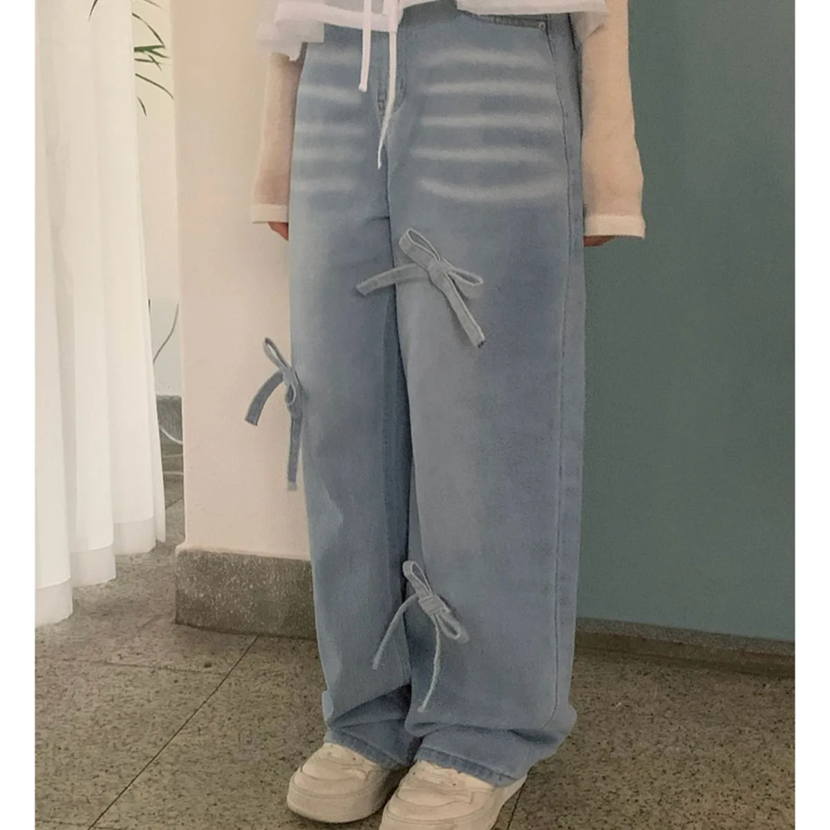 Spliced Bow Pantalones Mujer Denim Straight Pant Sweet Casual Wide Leg Pants Women 2025 Clothing Korean Chic Irregular Ropa