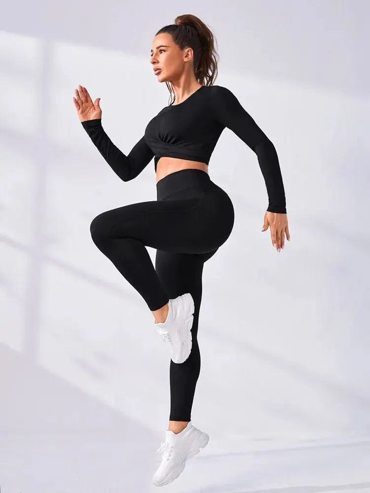 2 Pieces Long Sleeve Yoga Pilates Sports Suits Quick Dry Elastic Slim Fit Tracksuit Running Workout Breathable Training Wear