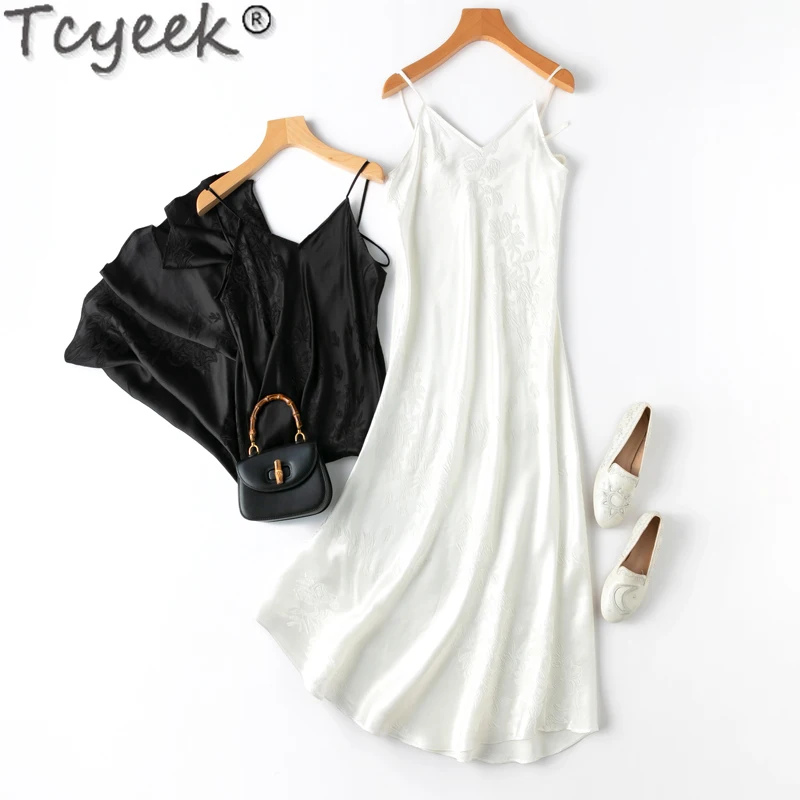 

Tcyeek 28Mm 50% Mulberry Silk Dresses for Women 2024 Sling Elegant Spring Summer Women's Dresses Black Evening Dresses Vestido