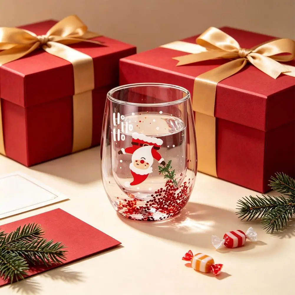 300ml Coffee Mug Double Layer Glass Cup, Santa Claus Pattern Decor, Quicksand Sequins Clear Borosilicate Glass Cup