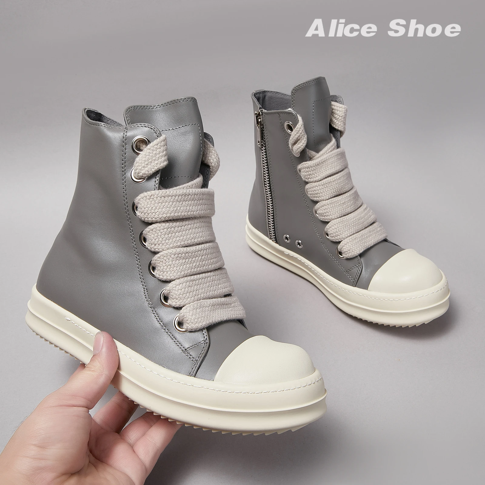 Ricks Designer Women Ankle Boot Casual High Top Men Sneaker Quality Grey Jumbo Lace-up Leather Luxury Zipper owen Street Trainer