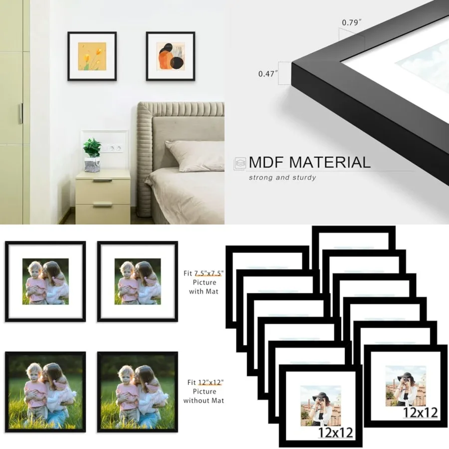 

12x12 Picture Frame Set of 12, Display 8x8 with Mat or 12 x 12 without Mat, Photo Frames for Wall Mounting Display, Black