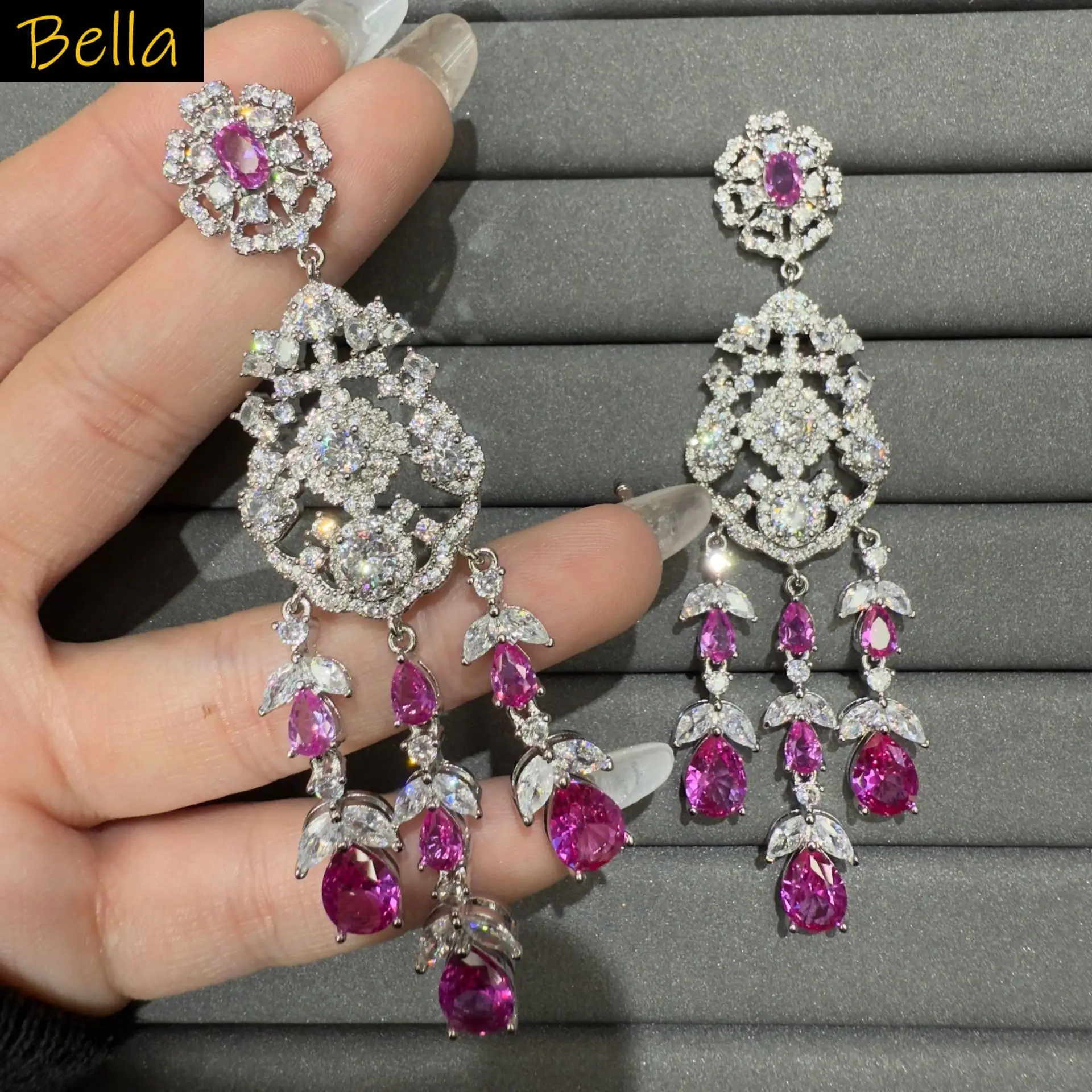 Pendientes de circonia cúbica de lujo para mujer, joyería larga para eventos de gala, pendientes colgantes con forma de flor y lágrima, fucsia, negro, azul, verde