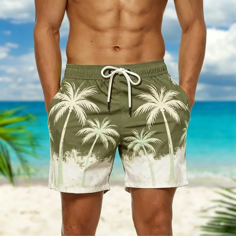 Men's Neutral Washed Tropical Print Casual Shorts，for Nature Trips, Outdoor Events, Casual Strolls & Calm Style