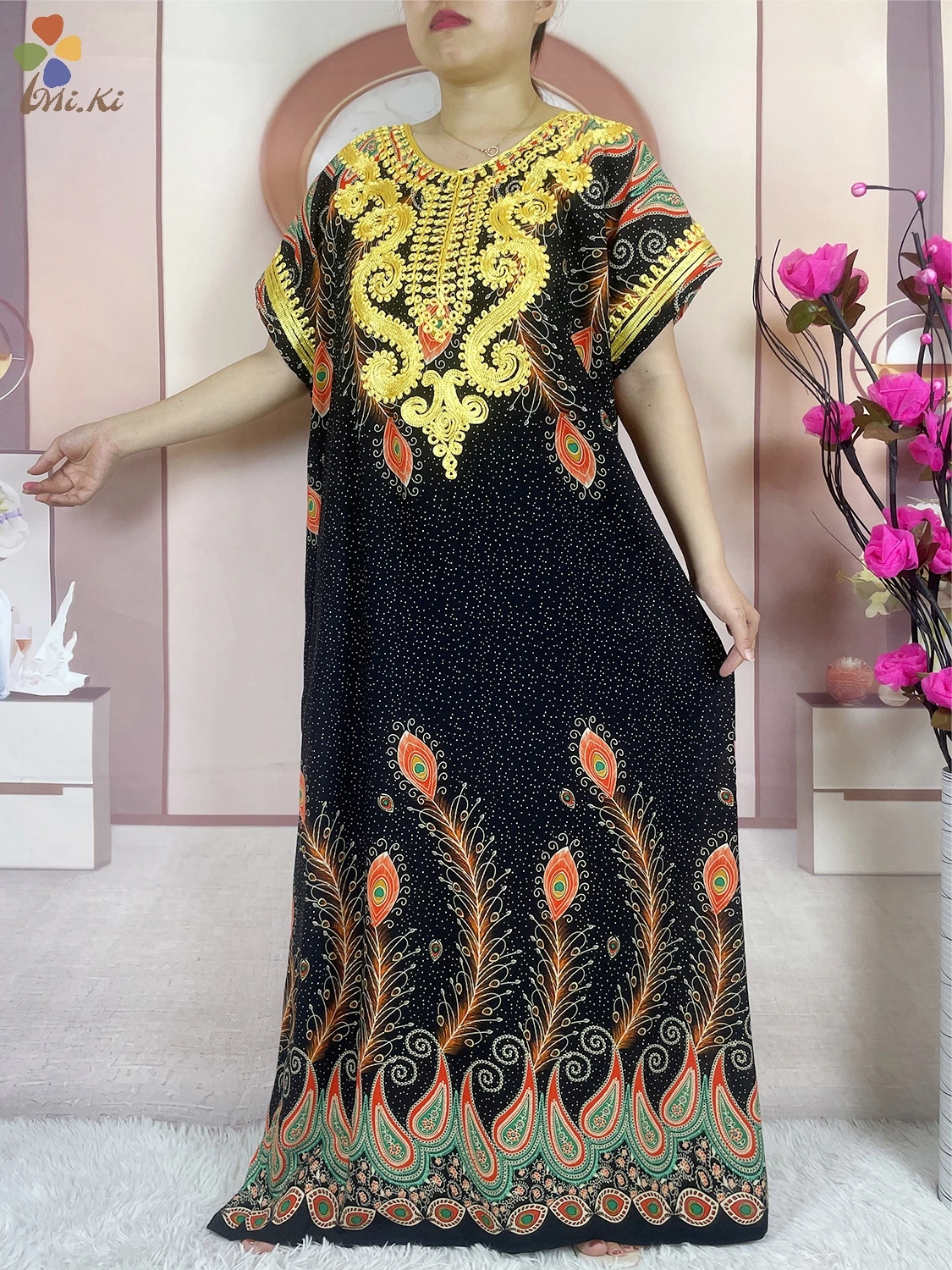 High Quality African Abaya Lady Party Dress Cotton Embroidery Printed Loose Floral Boubou Maxi Islam Women Short Sleeve Clothing